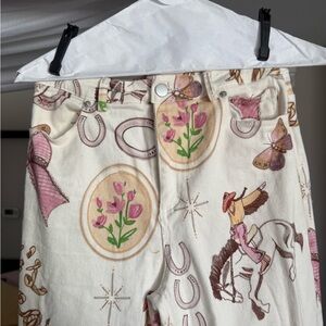 Cream Floral & Western Print Pants